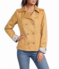 KARL LAGERFELD PARIS Twill Band Collar Long Sleeve Puffer Trim Cropped Length Trench Coat