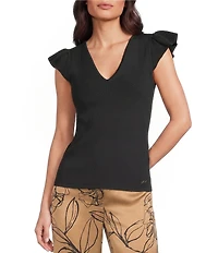 KARL LAGERFELD PARIS V-Neck Cap Sleeve Knit Top