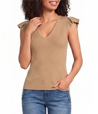 KARL LAGERFELD PARIS V-Neck Cap Sleeve Knit Top
