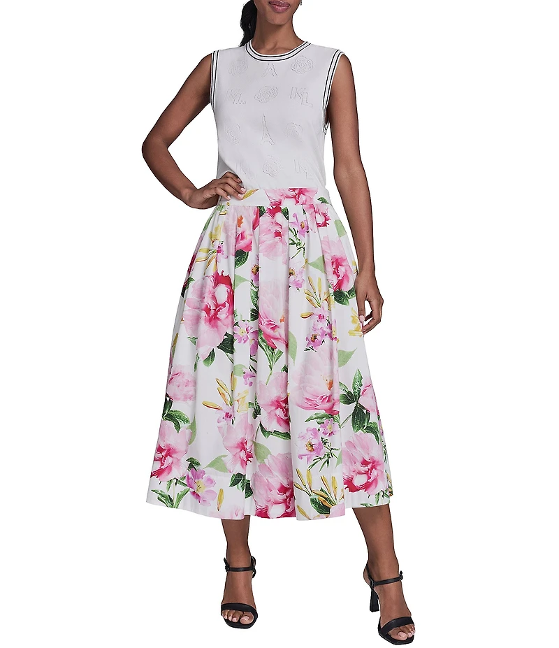 KARL LAGERFELD PARIS Voile Floral Print Midi A-Line Skirt