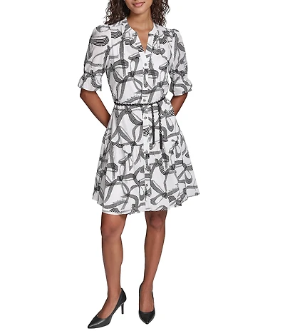 KARL LAGERFELD PARIS Voile Print Point Collar Long Sleeve Belted Dress