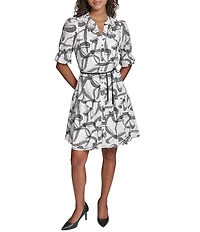 KARL LAGERFELD PARIS Voile Print Point Collar Long Sleeve Belted Dress