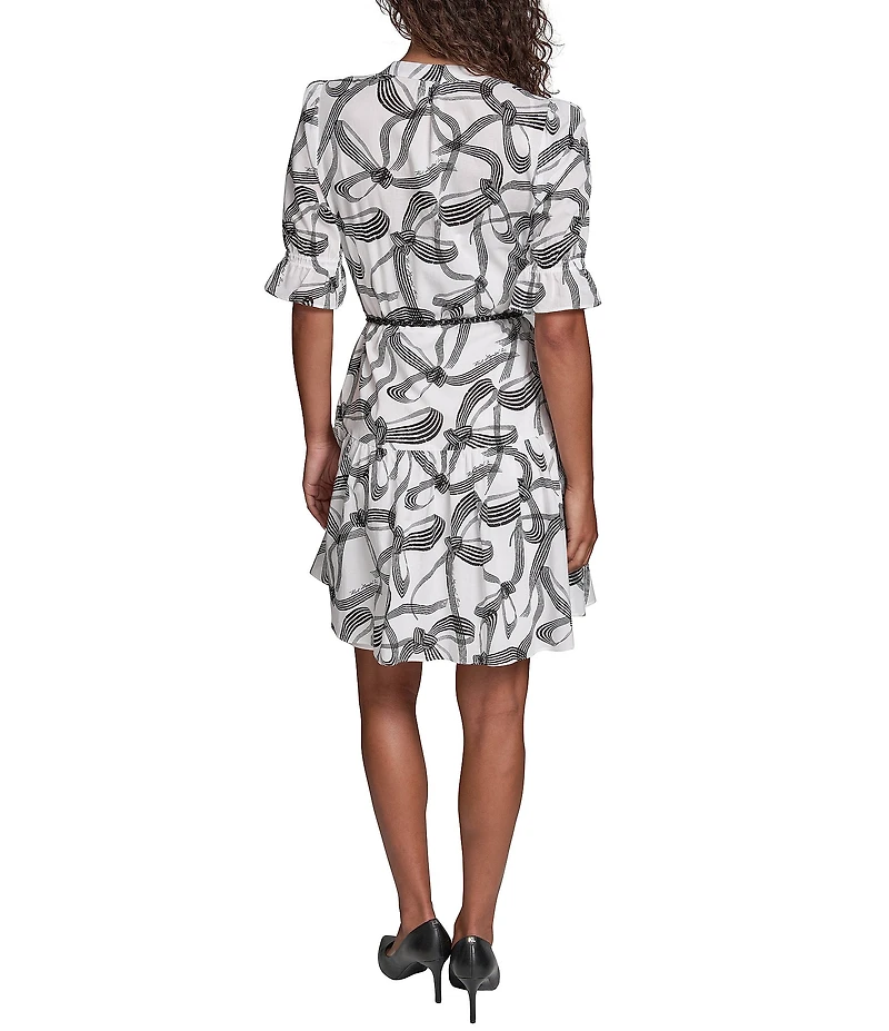 KARL LAGERFELD PARIS Voile Print Point Collar Long Sleeve Belted Dress