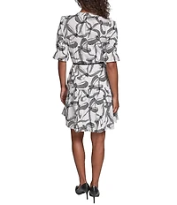 KARL LAGERFELD PARIS Voile Print Point Collar Long Sleeve Belted Dress