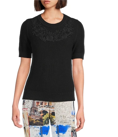 KARL LAGERFELD PARIS Waffle Knit Round Neck Short Sleeve Top