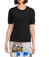 KARL LAGERFELD PARIS Waffle Knit Round Neck Short Sleeve Top