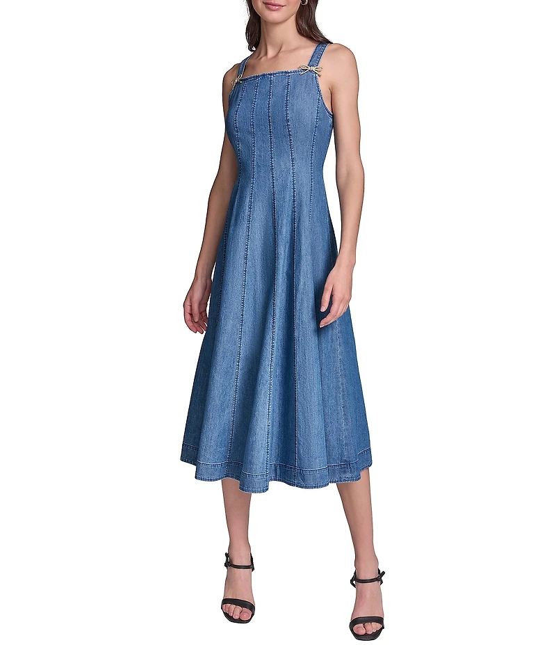 KARL LAGERFELD PARIS Washed Denim Square Neck Sleeveless Midi Dress