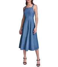 KARL LAGERFELD PARIS Washed Denim Square Neck Sleeveless Midi Dress