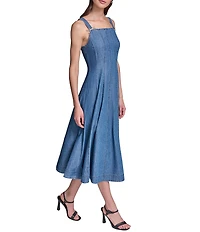 KARL LAGERFELD PARIS Washed Denim Square Neck Sleeveless Midi Dress