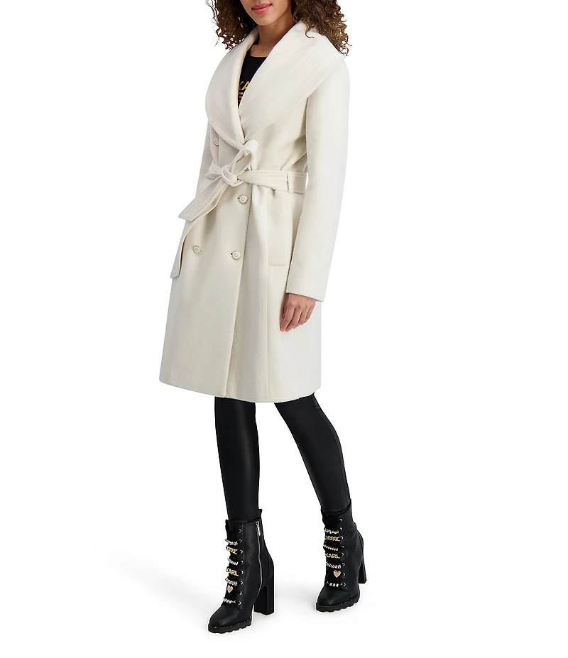 KARL LAGERFELD PARIS Wool Blend Shawl Collar Belted Double Breasted Coat