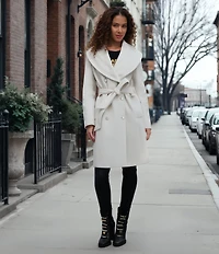 KARL LAGERFELD PARIS Wool Blend Shawl Collar Belted Double Breasted Coat