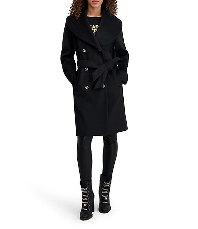 KARL LAGERFELD PARIS Wool Blend Shawl Collar Belted Double Breasted Coat