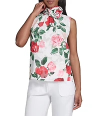 KARL LAGERFELD PARIS Woven Chiffon Print Mock Neck Sleeveless Rosette Clip Tank Shirt