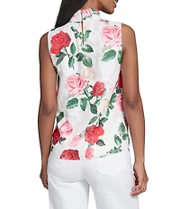 KARL LAGERFELD PARIS Woven Chiffon Print Mock Neck Sleeveless Rosette Clip Tank Shirt