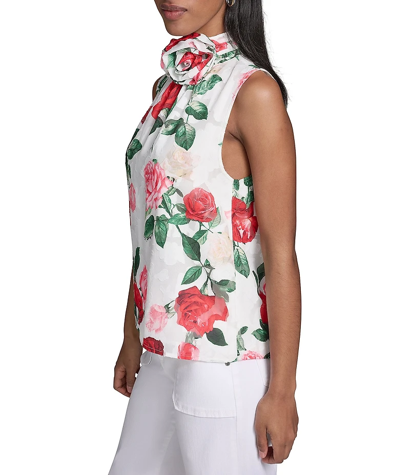 KARL LAGERFELD PARIS Woven Chiffon Print Mock Neck Sleeveless Rosette Clip Tank Shirt