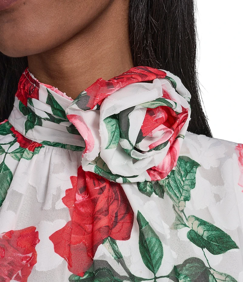 KARL LAGERFELD PARIS Woven Chiffon Print Mock Neck Sleeveless Rosette Clip Tank Shirt