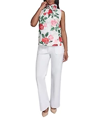 KARL LAGERFELD PARIS Woven Chiffon Print Mock Neck Sleeveless Rosette Clip Tank Shirt