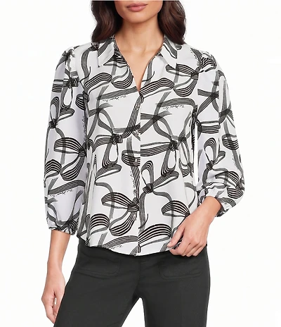 KARL LAGERFELD PARIS Woven Crepe Print Spread Collar Long Sleeve Blouse