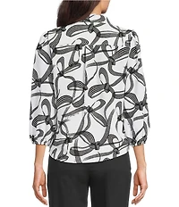 KARL LAGERFELD PARIS Woven Crepe Print Spread Collar Long Sleeve Blouse