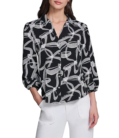 KARL LAGERFELD PARIS Woven Crepe Print Spread Collar Long Sleeve Blouse