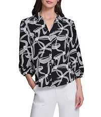 KARL LAGERFELD PARIS Woven Crepe Print Spread Collar Long Sleeve Blouse