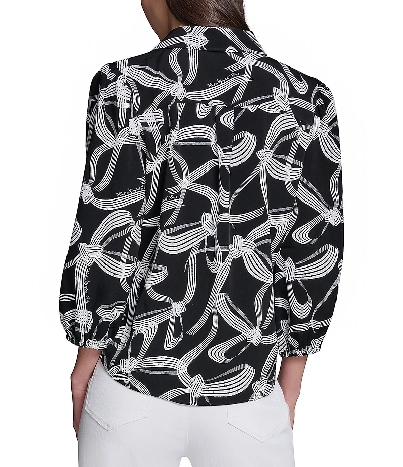 KARL LAGERFELD PARIS Woven Crepe Print Spread Collar Long Sleeve Blouse