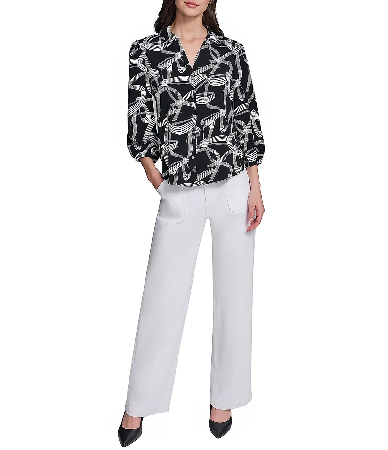 KARL LAGERFELD PARIS Woven Crepe Print Spread Collar Long Sleeve Blouse