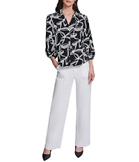 KARL LAGERFELD PARIS Woven Crepe Print Spread Collar Long Sleeve Blouse