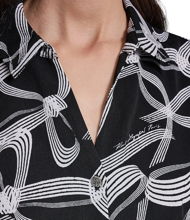 KARL LAGERFELD PARIS Woven Crepe Print Spread Collar Long Sleeve Blouse