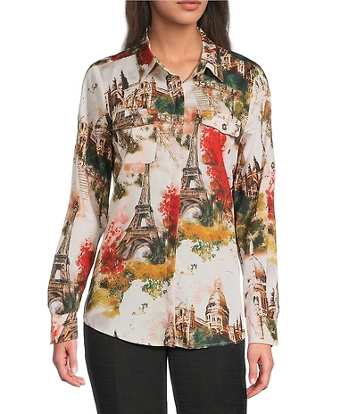 KARL LAGERFELD PARIS Woven Eiffel Tower Whimsy Printed Point Collar Long Sleeve Blouse