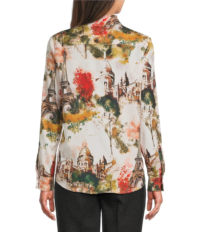 KARL LAGERFELD PARIS Woven Eiffel Tower Whimsy Printed Point Collar Long Sleeve Blouse