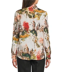 KARL LAGERFELD PARIS Woven Eiffel Tower Whimsy Printed Point Collar Long Sleeve Blouse