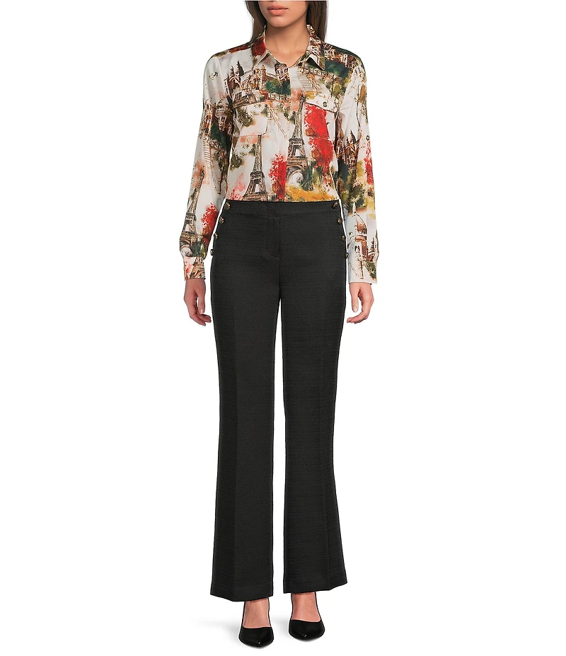 KARL LAGERFELD PARIS Woven Eiffel Tower Whimsy Printed Point Collar Long Sleeve Blouse