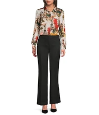 KARL LAGERFELD PARIS Woven Eiffel Tower Whimsy Printed Point Collar Long Sleeve Blouse