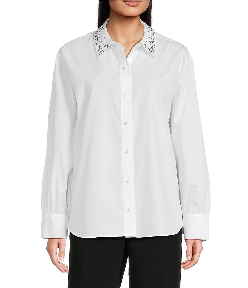 KARL LAGERFELD PARIS Woven Embroidered Point Collar Long Sleeve Top
