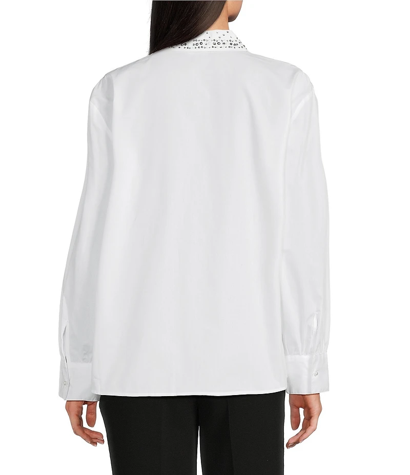 KARL LAGERFELD PARIS Woven Embroidered Point Collar Long Sleeve Top