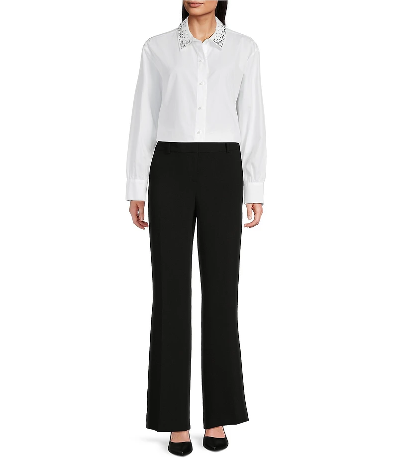 KARL LAGERFELD PARIS Woven Embroidered Point Collar Long Sleeve Top