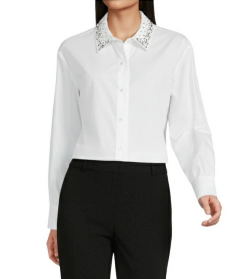 KARL LAGERFELD PARIS Woven Embroidered Point Collar Long Sleeve Top