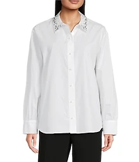 KARL LAGERFELD PARIS Woven Embroidered Point Collar Long Sleeve Top