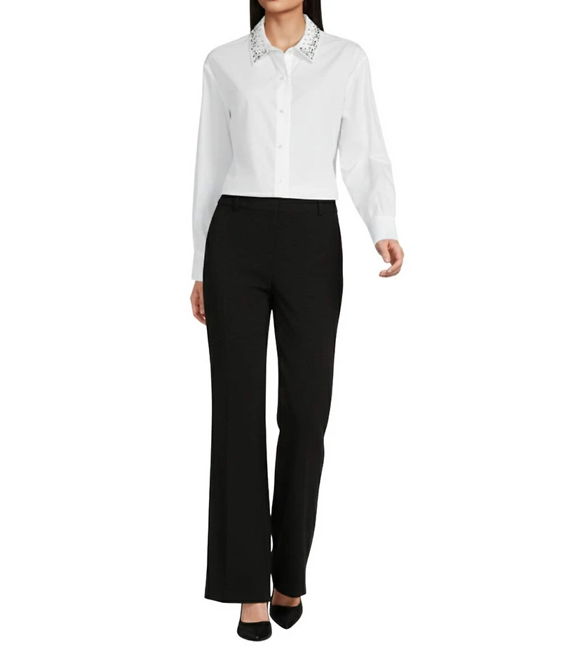 KARL LAGERFELD PARIS Woven Embroidered Point Collar Long Sleeve Top