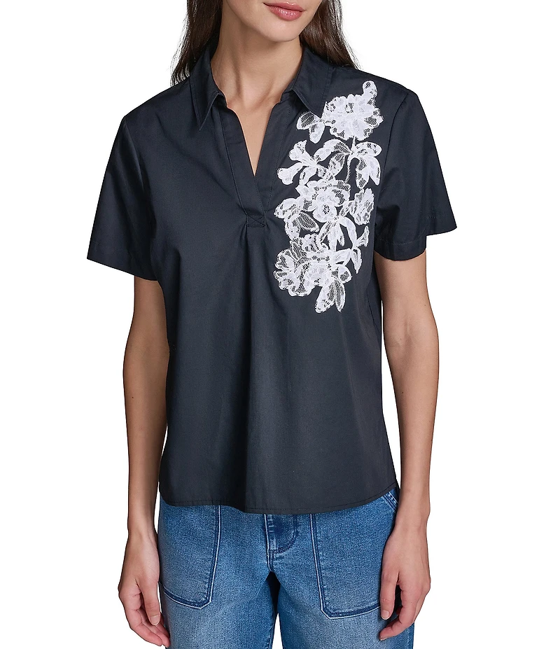 KARL LAGERFELD PARIS Woven Embroidered Poplin Point Collar Short Sleeve Shirt