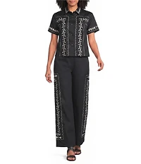 KARL LAGERFELD PARIS Woven Embroidered Poplin Point Collar Short Sleeve Shirt