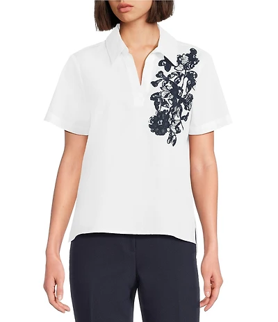 KARL LAGERFELD PARIS Woven Embroidered Poplin Point Collar Short Sleeve Shirt