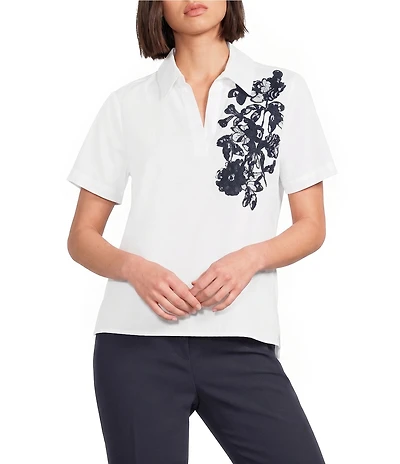 KARL LAGERFELD PARIS Woven Embroidered Poplin Point Collar Short Sleeve Shirt