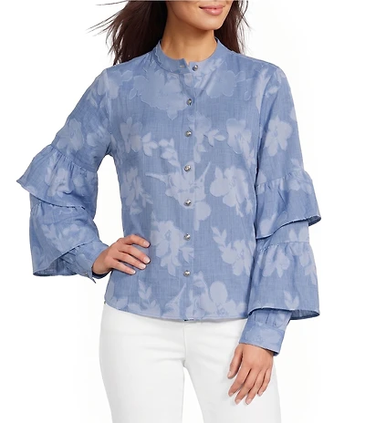 KARL LAGERFELD PARIS Woven Floral Print Mock Neck Long Sleeve Top