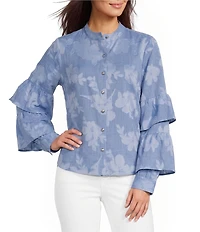 KARL LAGERFELD PARIS Woven Floral Print Mock Neck Long Sleeve Top
