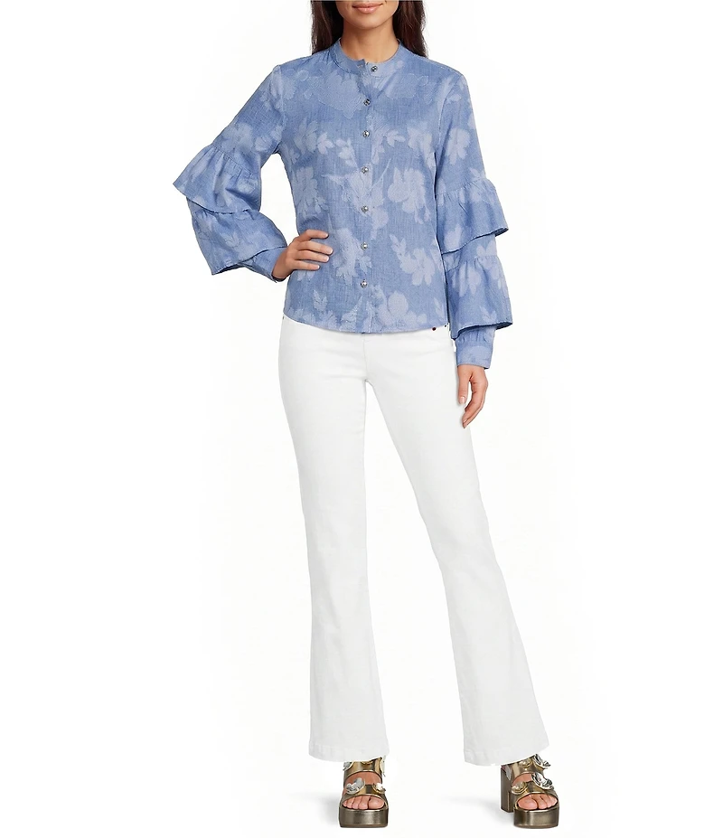 KARL LAGERFELD PARIS Woven Floral Print Mock Neck Long Sleeve Top
