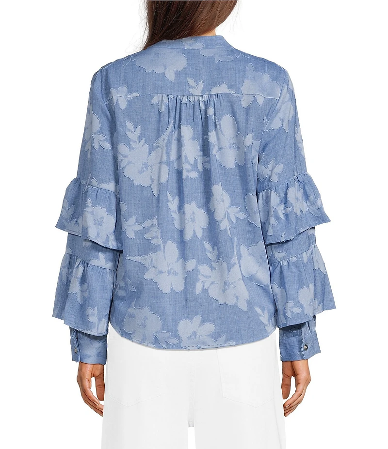 KARL LAGERFELD PARIS Woven Floral Print Mock Neck Long Sleeve Top