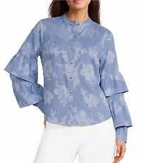 KARL LAGERFELD PARIS Woven Floral Print Mock Neck Long Sleeve Top