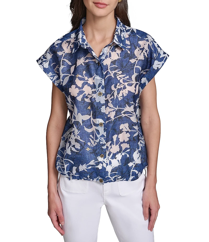 KARL LAGERFELD PARIS Woven Floral Print Point Collar Cap Sleeves Burnout Bungee Top